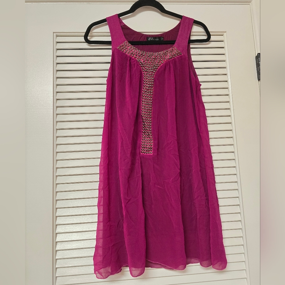 Elexa - Fuchsia Sleeveless Lightweight Sheer Dress With Lining & Silver Beads